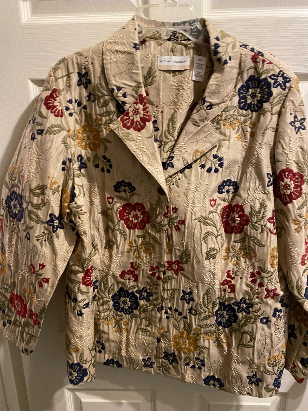 Alfred Dunner Cream Quilted Floral Blazer with Red, Navy & Yellow Blooms